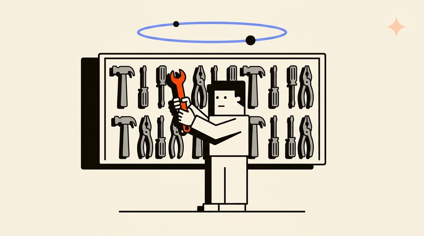 Blocky character lifting one wrench off a pegboard of identical grey hand tools