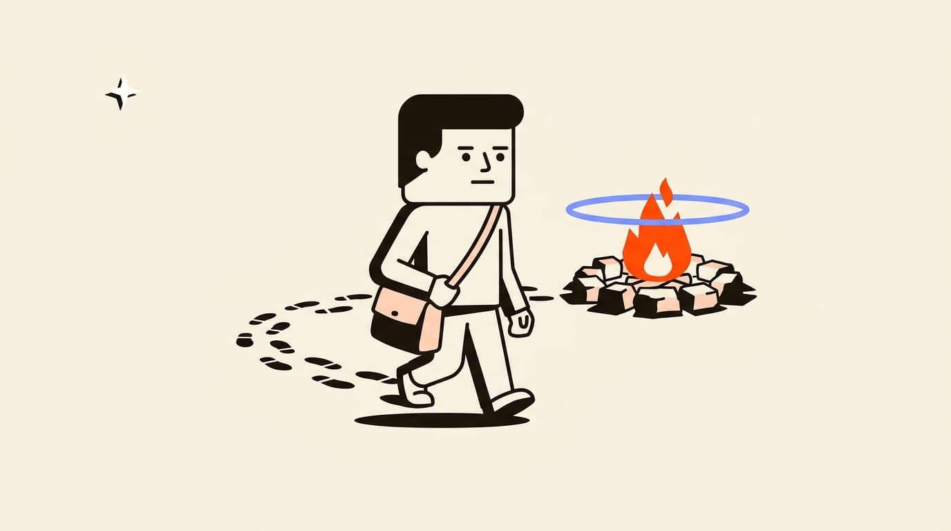 Blocky character with a satchel following a trail of footprints that leads to a small glowing campfire circle