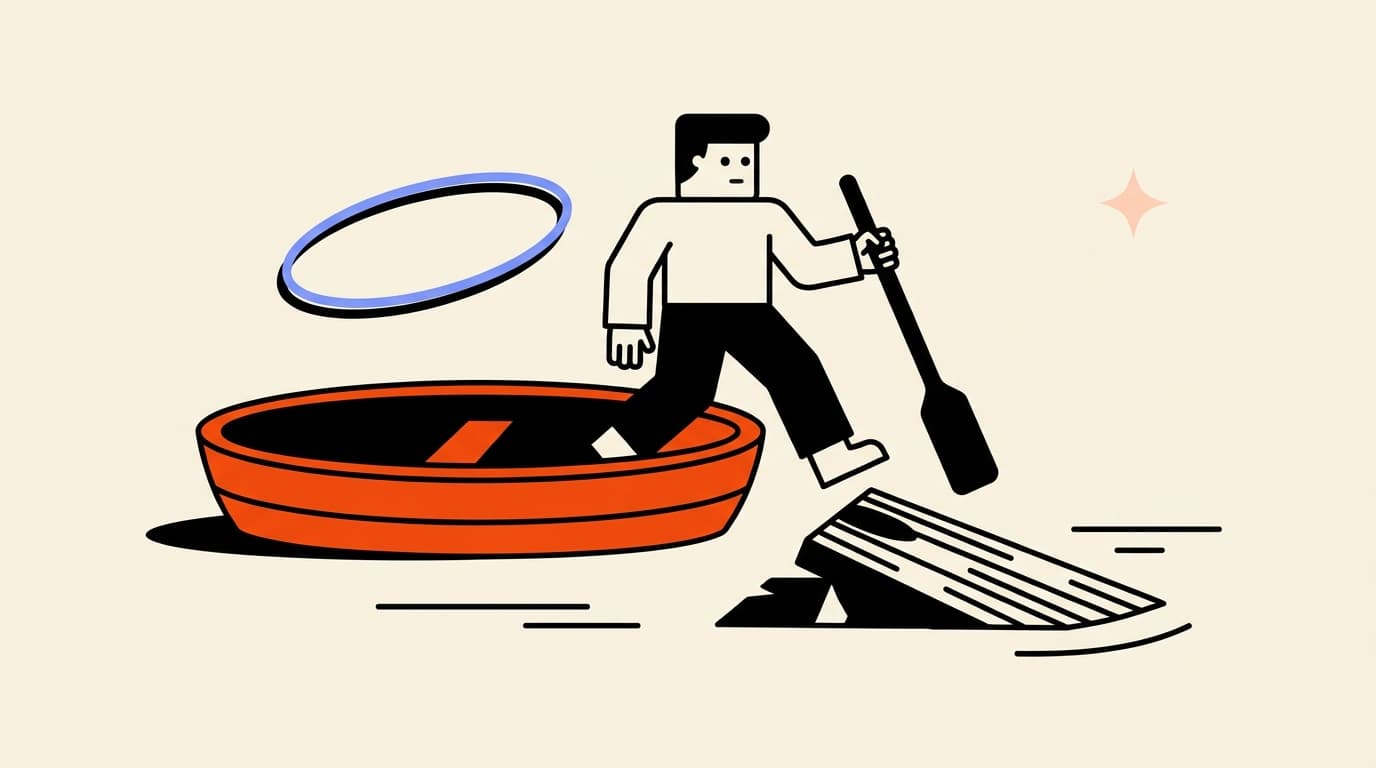 Blocky character stepping from a small sinking raft onto a sturdy rowboat with one oar raised