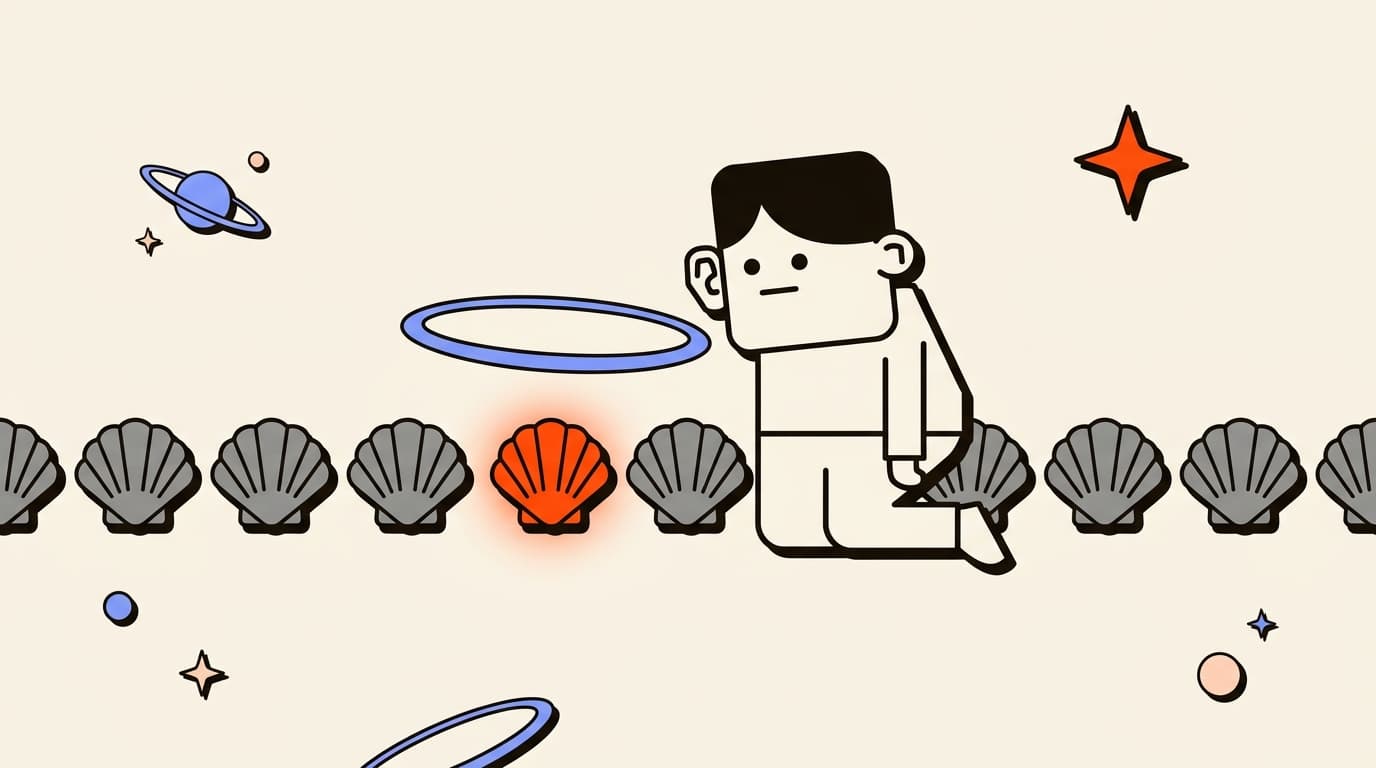 Blocky character kneeling to listen at one glowing seashell in a long row of plain shells