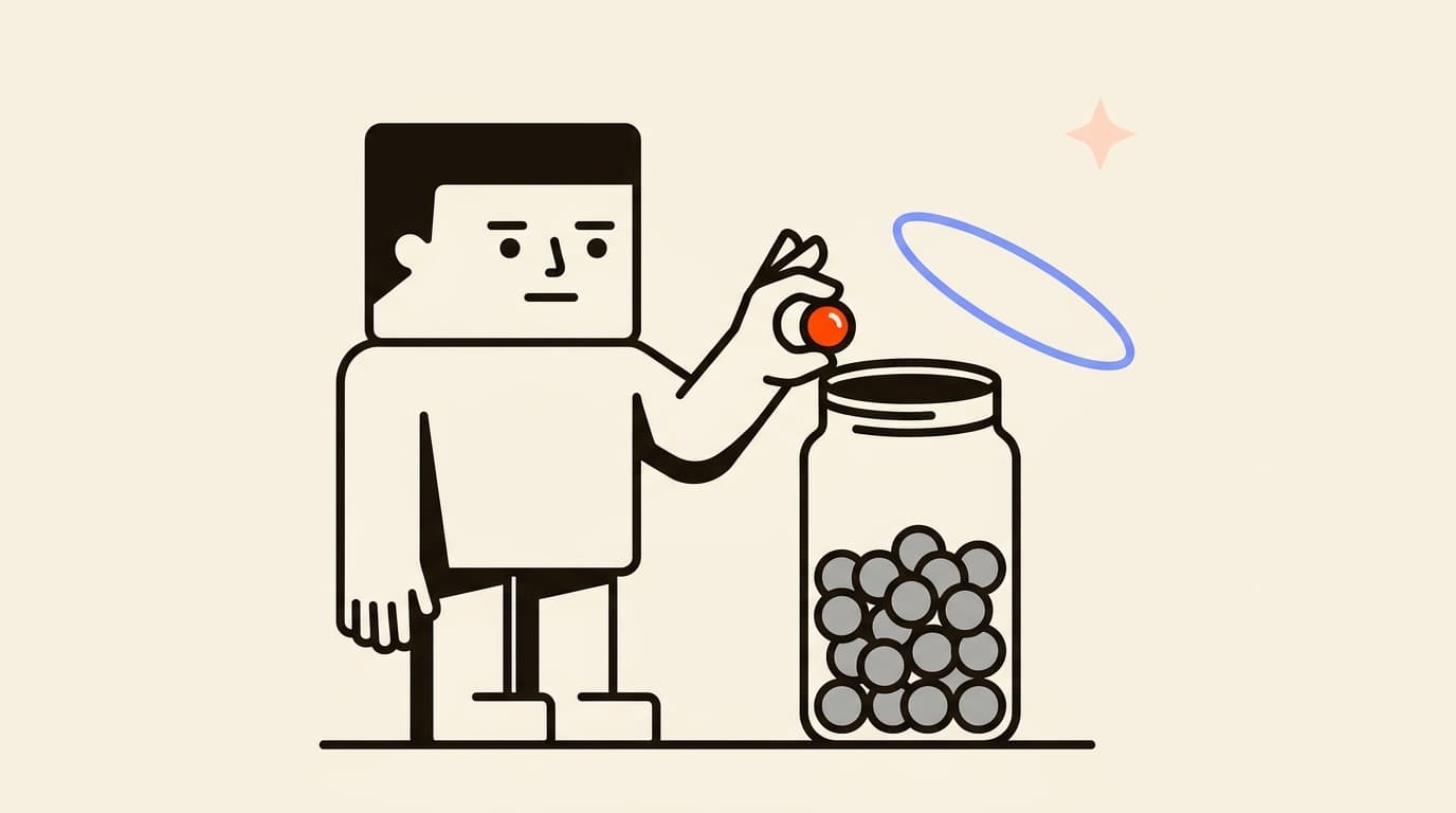 A blocky character dropping marbles one at a time into a tall glass jar