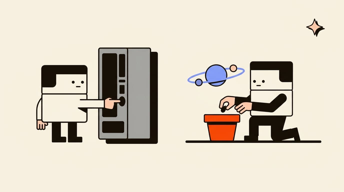 Two blocky characters, one pressing a button on a vending machine, the other planting a seed in a small clay pot
