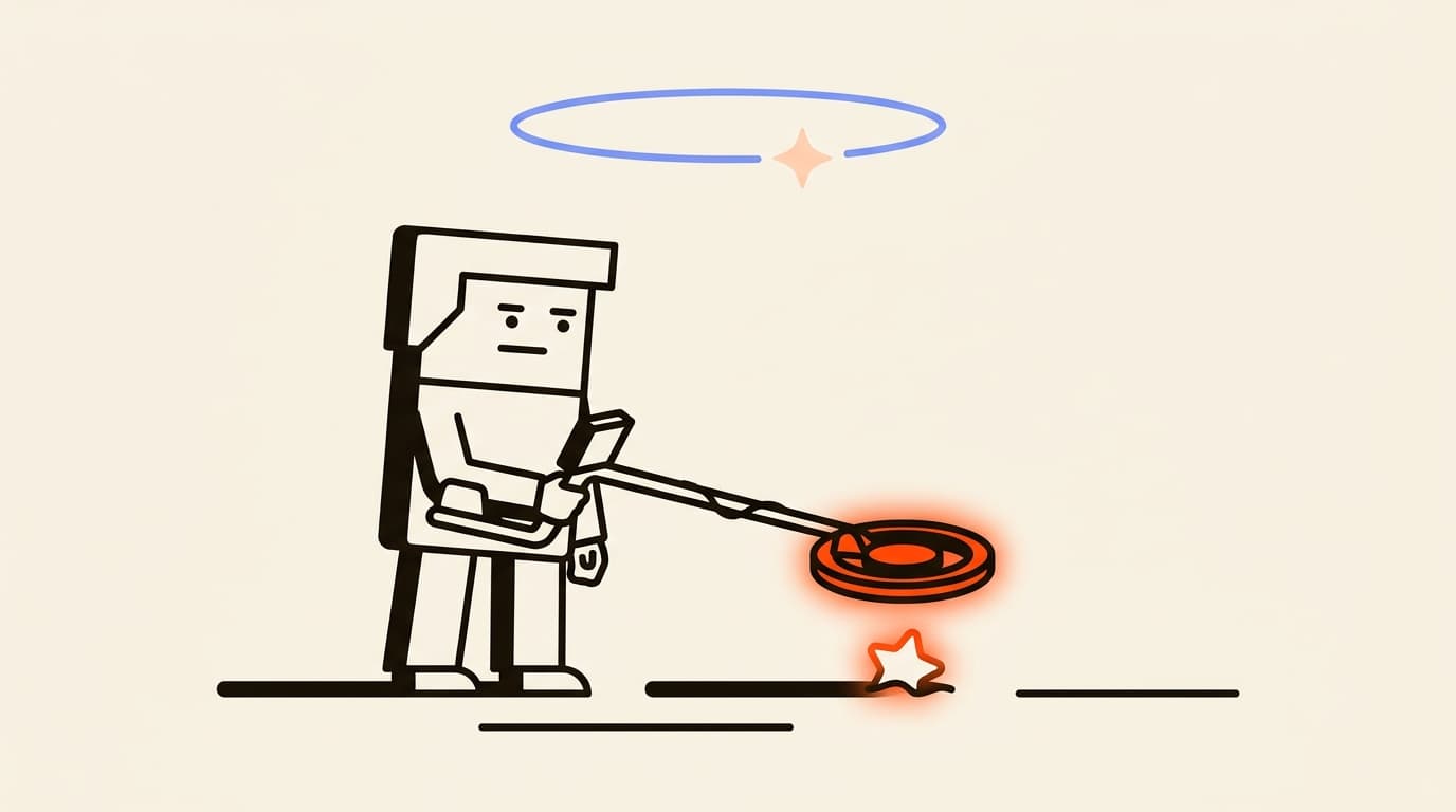 Blocky character sweeping a metal detector over flat sand toward a small star-shaped nugget