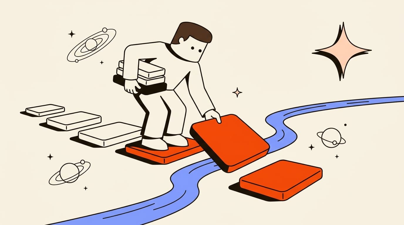 Blocky character laying flat stepping stones one by one across a thin stream