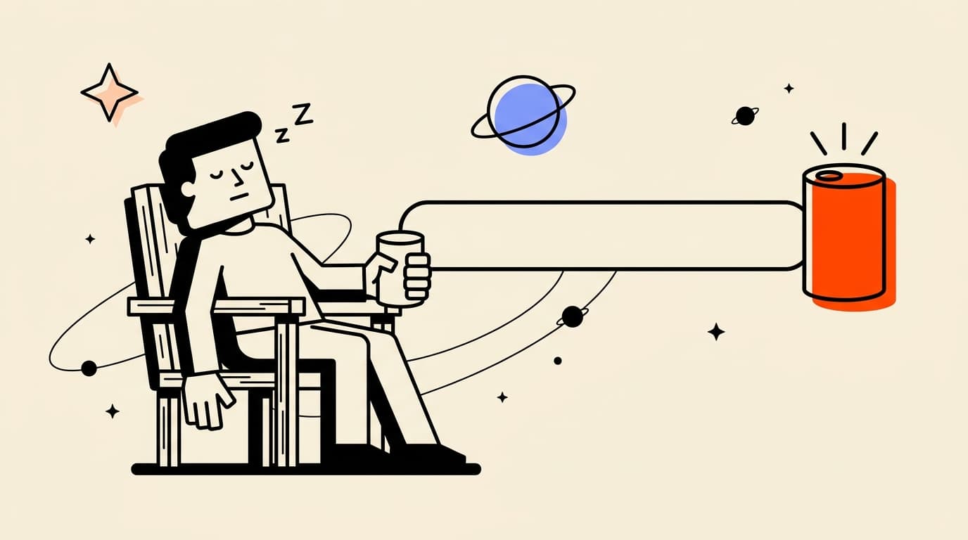 Blocky character dozing in a chair holding one end of a tin-can telephone whose far can glows