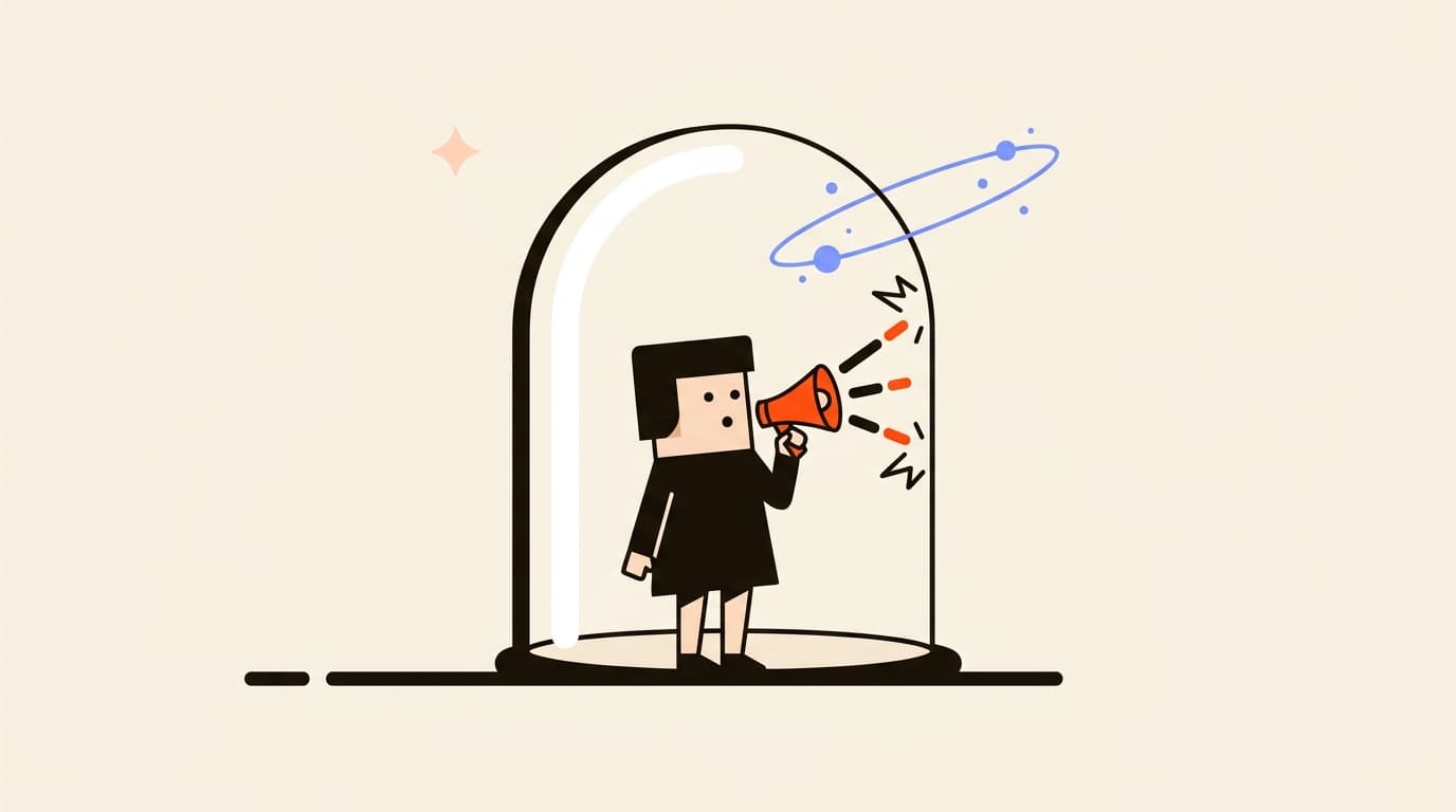 A blocky character speaking into a megaphone under a large glass bell jar